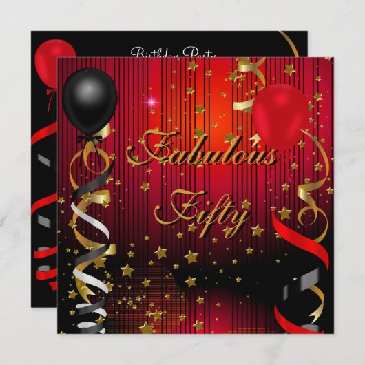 素晴らしい50の50誕生日パーティーブラックレッドスターズ 招待状 (正面/裏面)