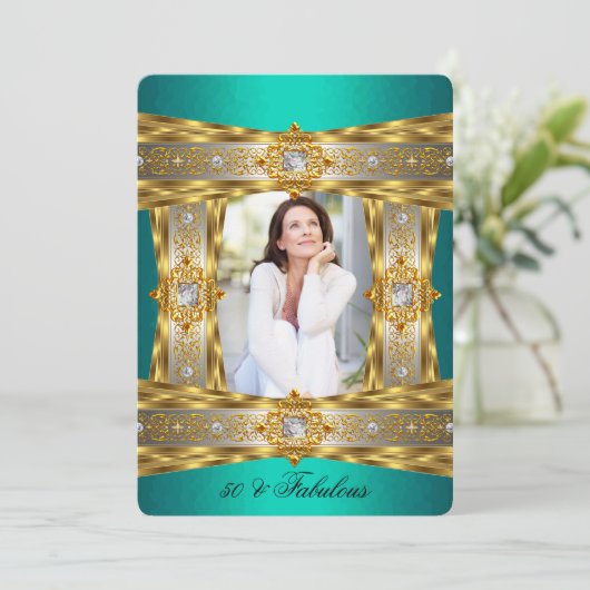 素晴らしい50エレガントダイヤモンドジェム金ゴールド玉の写真 招待状 (スタンド正面)