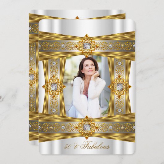 素晴らしい50エレガントダイヤモンドジェム金ゴールド白写真 招待状 (正面/裏面)