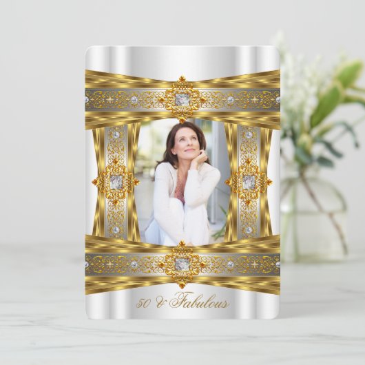 素晴らしい50エレガントダイヤモンドジェム金ゴールド白写真 招待状 (スタンド正面)