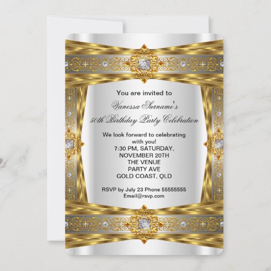 素晴らしい50エレガントダイヤモンドジェム金ゴールド白写真 招待状 (裏面)