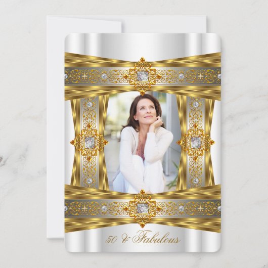 素晴らしい50エレガントダイヤモンドジェム金ゴールド白写真 招待状 (正面)