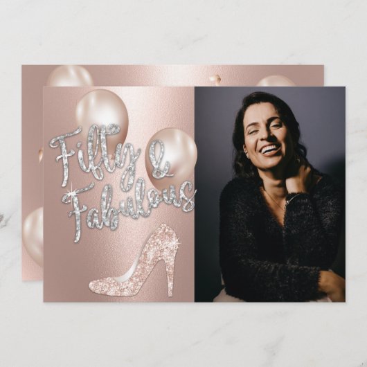 素晴らしい50エレガントバラ金ゴールド写真50誕生日 招待状 (正面/裏面)