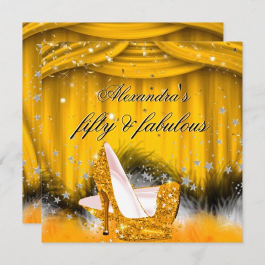 素晴らしい50オレンジの金ゴールドハイヒールフェザーパーティー 招待状 (正面/裏面)