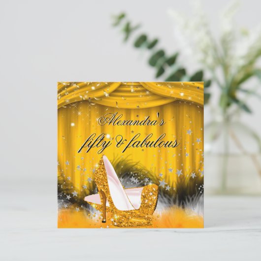 素晴らしい50オレンジの金ゴールドハイヒールフェザーパーティー 招待状 (スタンド正面)