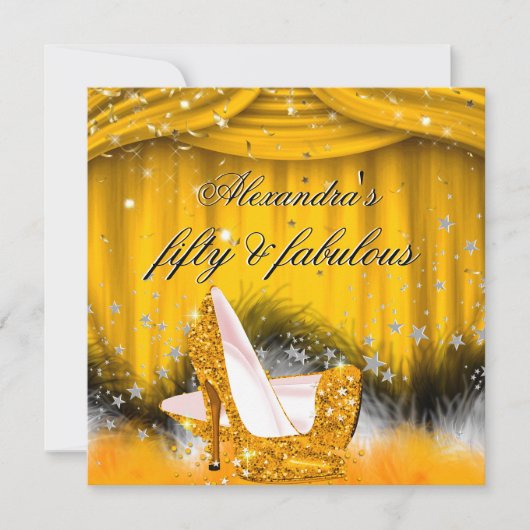 素晴らしい50オレンジの金ゴールドハイヒールフェザーパーティー 招待状 (正面)