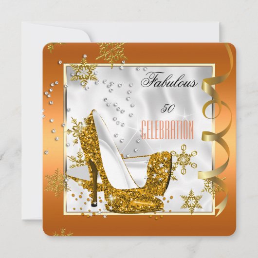 素晴らしい50オレンジ金ゴールドホワイトヒール誕生日パーティー 招待状 (正面)