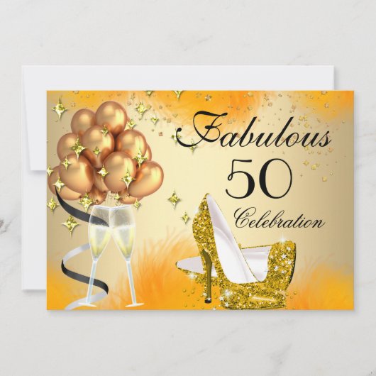 素晴らしい50クリーム金ゴールドイエローハイヒール誕生日 招待状 (正面)
