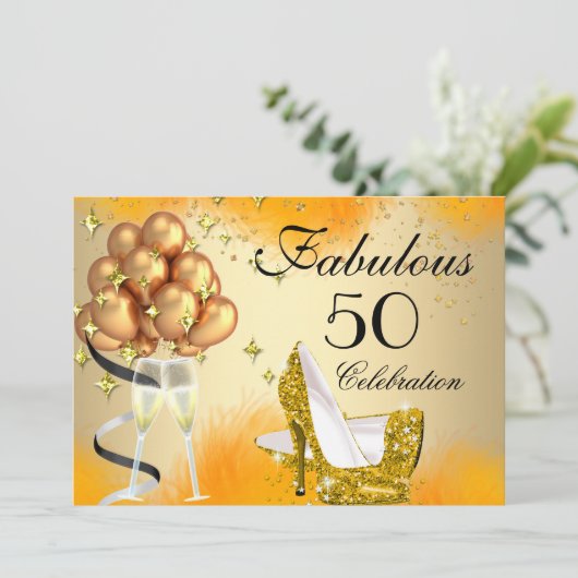 素晴らしい50クリーム金ゴールドイエローハイヒール誕生日 招待状 (スタンド正面)