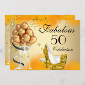 素晴らしい50クリーム金ゴールドイエローハイヒール誕生日 招待状 (正面/裏面)