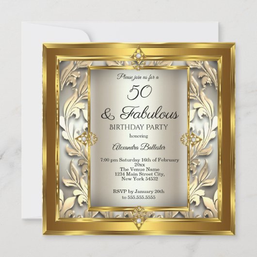 素晴らしい50クリーム金ゴールドフローラダマスク誕生日 招待状 (正面)