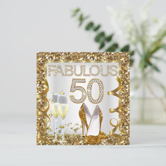 素晴らしい50グリッターホワイト金ゴールド誕生日パーティー 招待状 (スタンド正面)