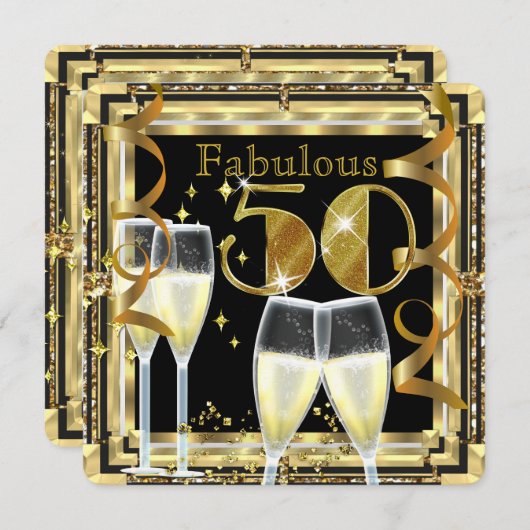 素晴らしい50シャンパンデコ金ゴールドバースデーパーティー 招待状 (正面/裏面)