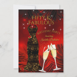 素晴らしい50シャンパンバースデーパーティレッド金ゴールド 招待状