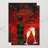 素晴らしい50シャンパンバースデーパーティレッド金ゴールド 招待状 (正面/裏面)