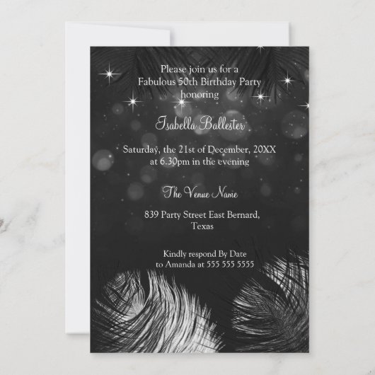 素晴らしい50シャンパンバースデーパーティー白黒 招待状 (裏面)