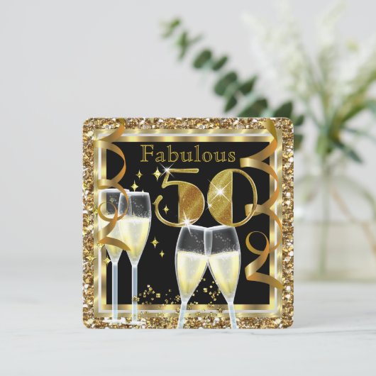 素晴らしい50シャンパンホワイト金ゴールド誕生日パーティー 招待状 (スタンド正面)