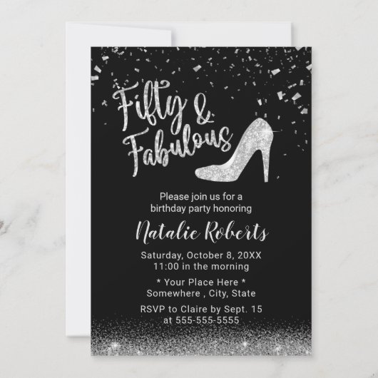 素晴らしい50シルバーグリッターあなたの写真を追加誕生日 招待状 (裏面)