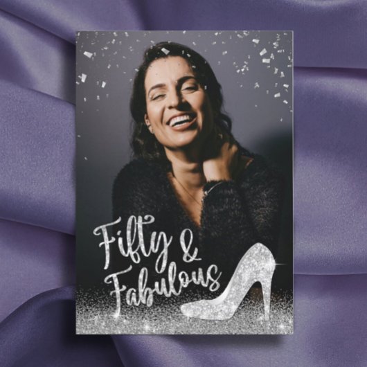 素晴らしい50シルバーグリッターあなたの写真を追加誕生日 招待状