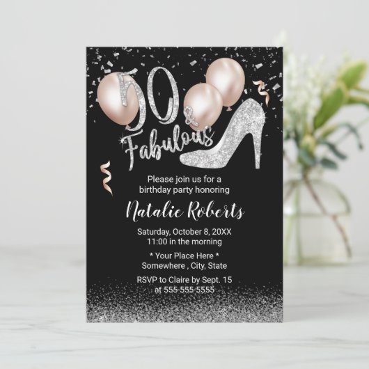 素晴らしい50シルバーハイヒールガール50誕生日 招待状 (スタンド正面)