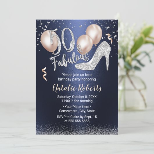 素晴らしい50シルバーハイヒールネイビー50誕生日 招待状 (スタンド正面)