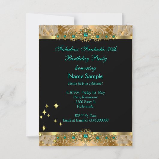 素晴らしい50ジェイドグリーン金ゴールドダマスクバースデーパーティー 招待状 (裏面)