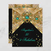 素晴らしい50ジェイドグリーン金ゴールドダマスクバースデーパーティー 招待状 (正面/裏面)