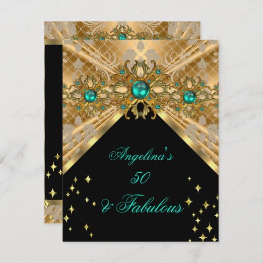 素晴らしい50ジェイドグリーン金ゴールドダマスクバースデーパーティー 招待状 (正面/裏面)