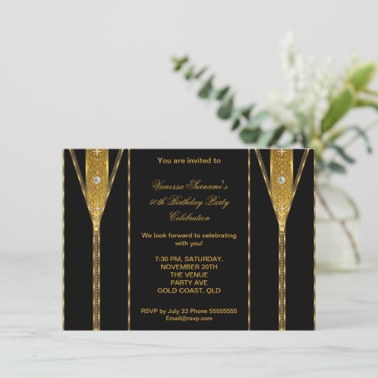 素晴らしい50ジッエレガントパーダイヤモンドジェム金ゴールドブラック 招待状 (スタンド正面)