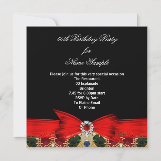 素晴らしい50ジュエルレッドブラックフォトバースデーパーティー 招待状 (裏面)