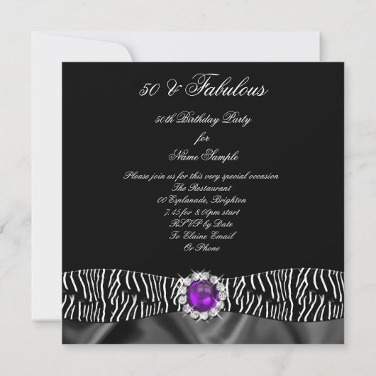 素晴らしい50ゼブラブラックシルクパープルバースデーパーティー 招待状 (裏面)