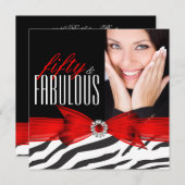 素晴らしい50ゼブラレッドブラックフォトバースデーパーティー 招待状 (正面/裏面)