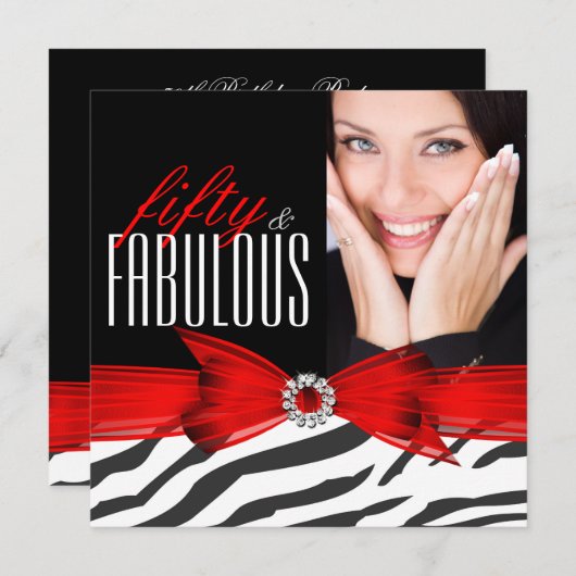 素晴らしい50ゼブラレッドブラックフォトバースデーパーティー 招待状 (正面/裏面)