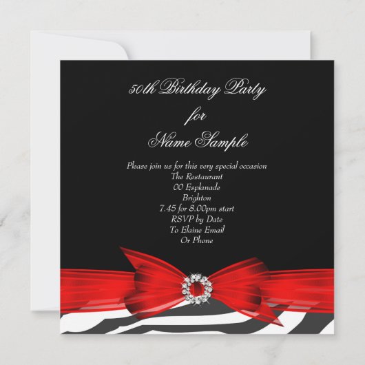 素晴らしい50ゼブラレッドブラックフォトバースデーパーティー 招待状 (裏面)