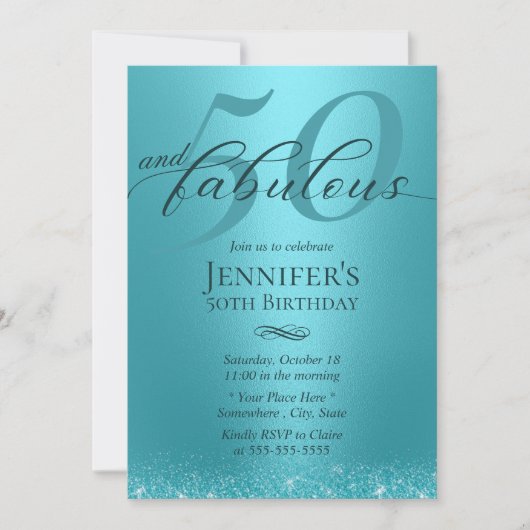 素晴らしい50ターコイズタイポグラフィ50誕生日 招待状 (正面)