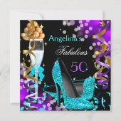 素晴らしい50ティール（緑がかった色）パープルヒール金ゴールドバブルパーティー 招待状 (正面)