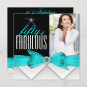 素晴らしい50ティール（緑がかった色）ブラックフォトエレガント誕生日2 招待状 (正面/裏面)