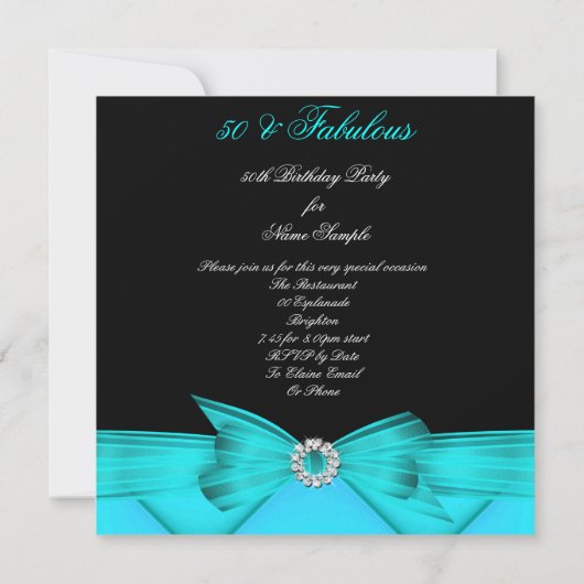 素晴らしい50ティール（緑がかった色）ブラックフォトエレガント誕生日 招待状 (裏面)
