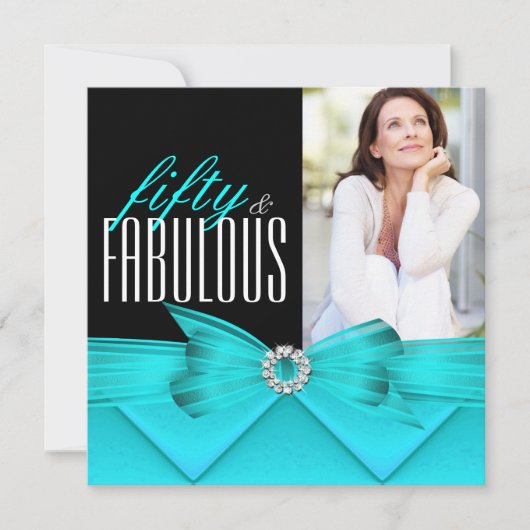 素晴らしい50ティール（緑がかった色）ブラックフォトエレガント誕生日 招待状 (正面)