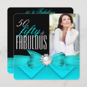 素晴らしい50ティール（緑がかった色）ブラックフォトバースデーパーティー 招待状 (正面/裏面)