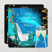 素晴らしい50ティール(緑がかった色)ブルーグリッターハイヒール誕生日 招待状 (正面/裏面)