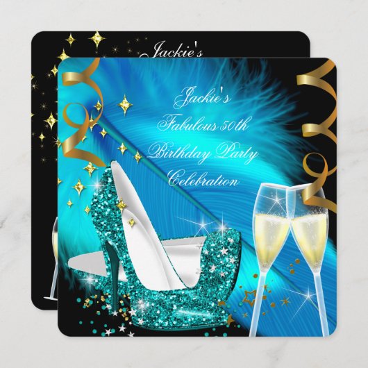 素晴らしい50ティール（緑がかった色）ブルーグリッターハイヒール誕生日 招待状 (正面/裏面)