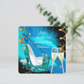 素晴らしい50ティール(緑がかった色)ブルーグリッターハイヒール誕生日 招待状 (スタンド正面)