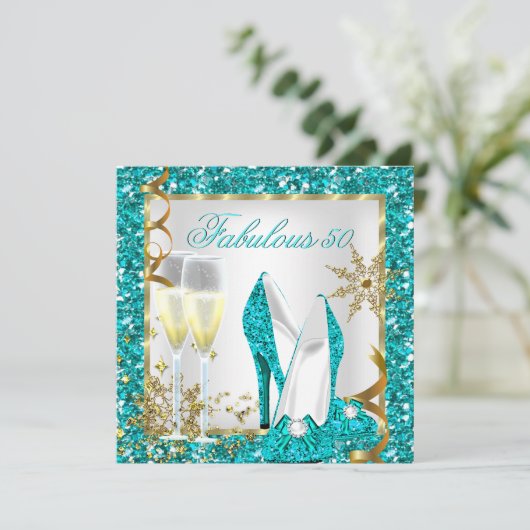 素晴らしい50ティール（緑がかった色）ブルーグリッター金ゴールド誕生日パーティー 招待状 (スタンド正面)