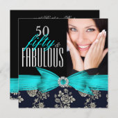 素晴らしい50ティール（緑がかった色）ブルーネイビーダマスク誕生日パーティー 招待状 (正面/裏面)