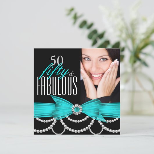 素晴らしい50ティール（緑がかった色）ブルーパールフォトバースデーパーティー 招待状 (スタンド正面)