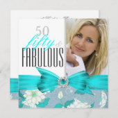 素晴らしい50ティール（緑がかった色）ブルーフローラ誕生日パーティー2 招待状 (正面/裏面)