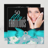 素晴らしい50ティール(緑がかった色)ブルーフローラ誕生日パーティー 招待状 (正面/裏面)