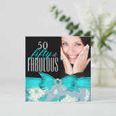 素晴らしい50ティール(緑がかった色)ブルーフローラ誕生日パーティー 招待状 (スタンド正面)