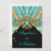 素晴らしい50ティール（緑がかった色）ブルー金ゴールドブラックダマスク誕生日2 招待状 (正面)